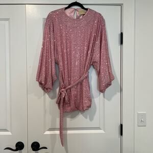 Judith March Women's Wide Sleeve Pink Sequin Tunic with Tie Size Medium